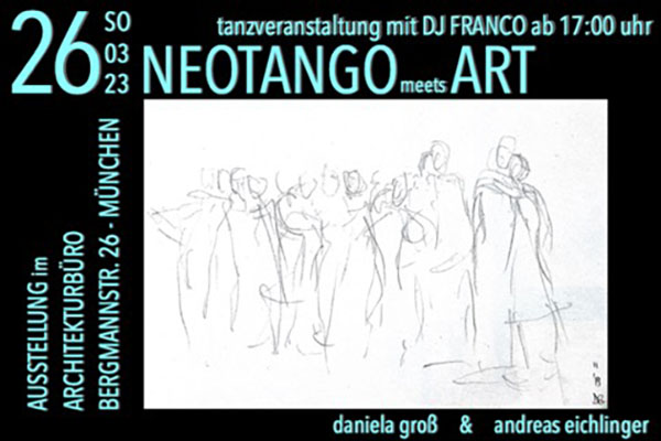 Neotango meets Art
Musik zum (Tango)tanzen mit DJ Franco
In unserem Ausstellungsraum, wo wir viele Tangozeichnungen zeigen, laden wir zum Tanzen zwischen der Kunst ein. DJ Franco wird zum Tanzen animieren mit seiner besonderen Auswahl von Nontangos und moderneren Tangos. Eine wunderbare Gelegenheit zum Tanzen, egal ob Tango oder frei, oder einfach zum zuschauen und zuhören bei einem Glas Wein.